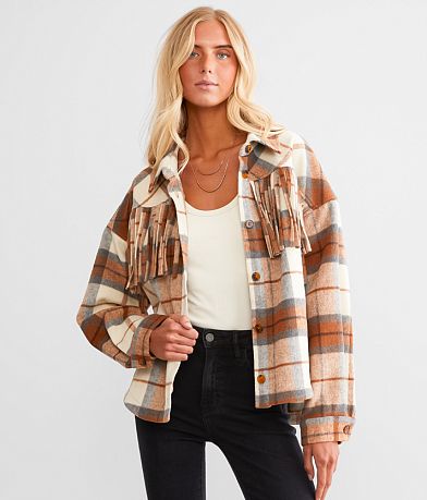 BKE Fringe Plaid Shacket front view