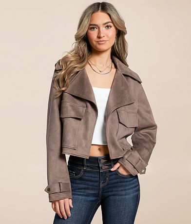 Open SZN Faux Suede Cropped Jacket front view