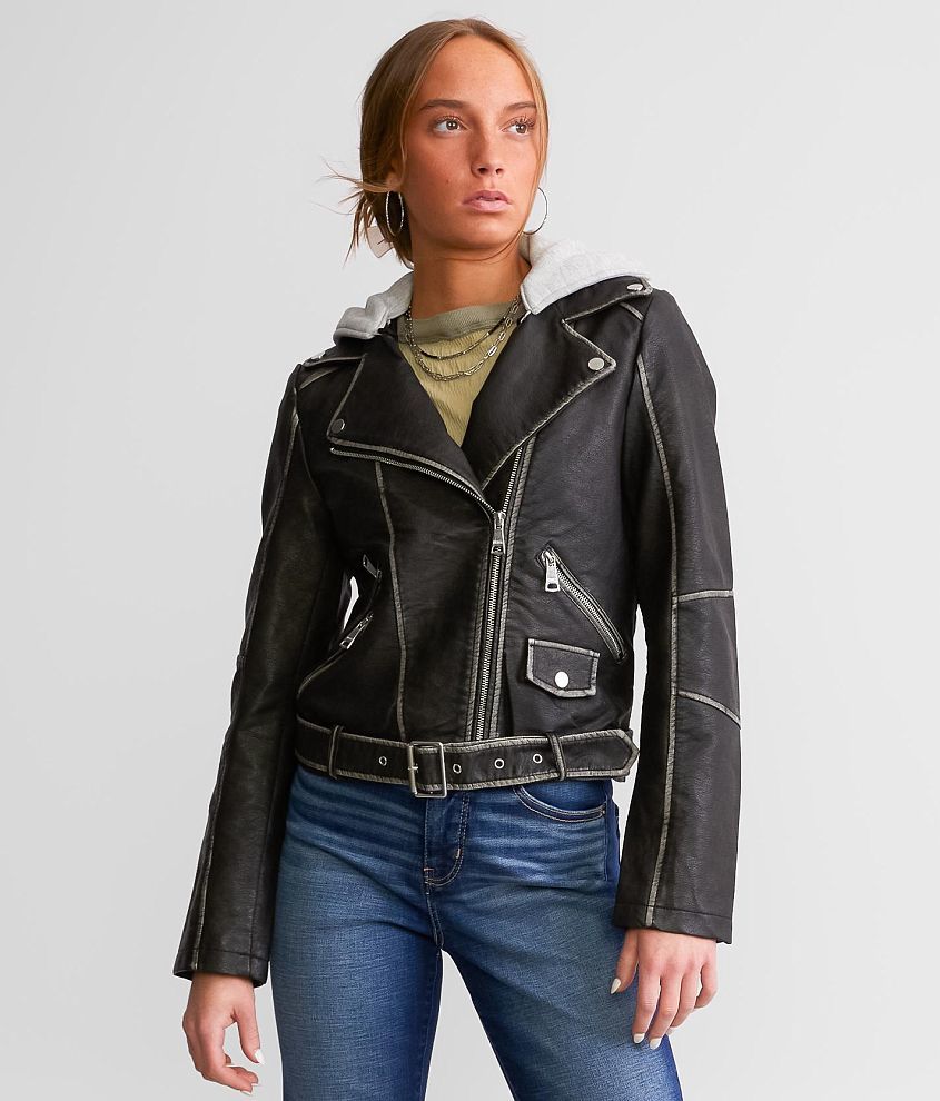 Hooded faux leather moto hot sale jacket