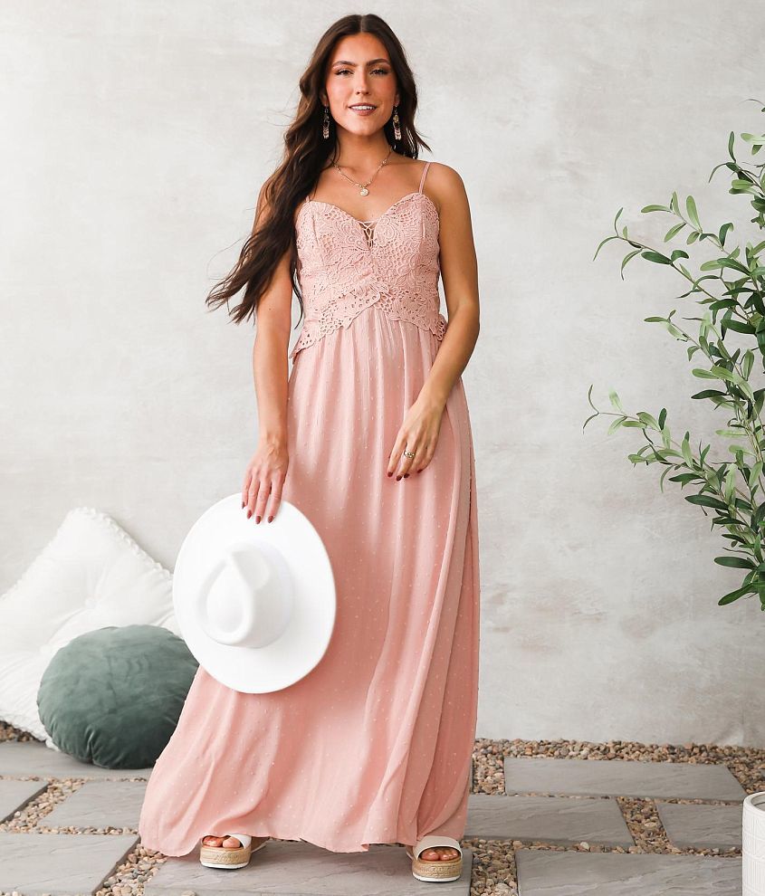 A. Peach Swiss Dot Crinkle Maxi Dress - Women's Dresses in Powder Pink