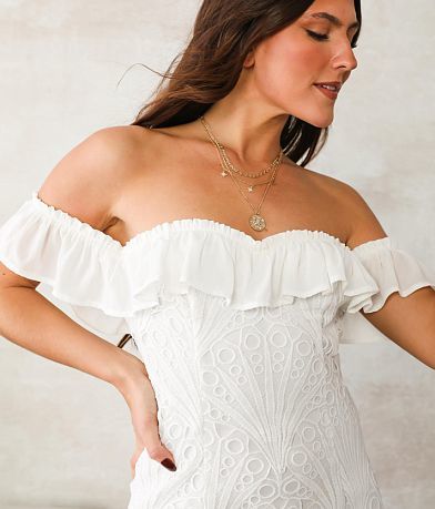 A. Peach Off The Shoulder Eyelet Mini Dress misc detail 1 view