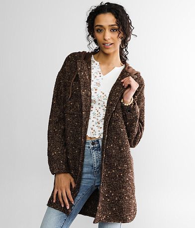 A. Peach Tweed Hooded Trench Jacket front view