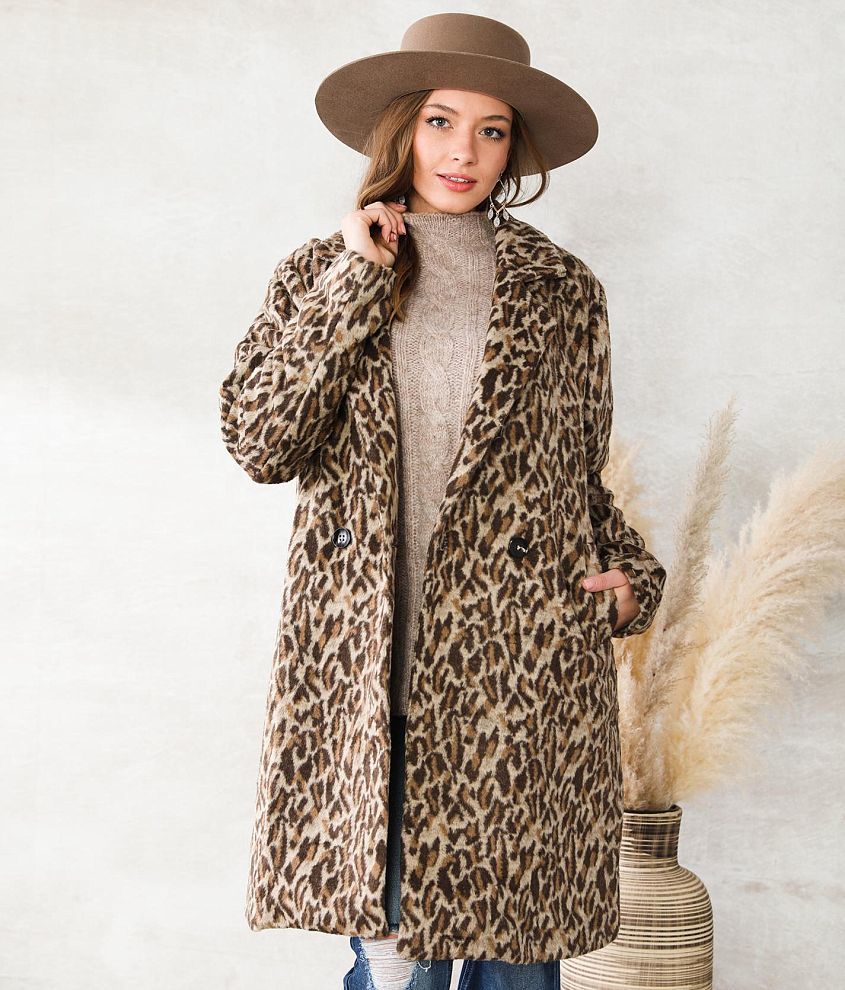 Plus Size Animal Print Long Sleeve Duster - Brown