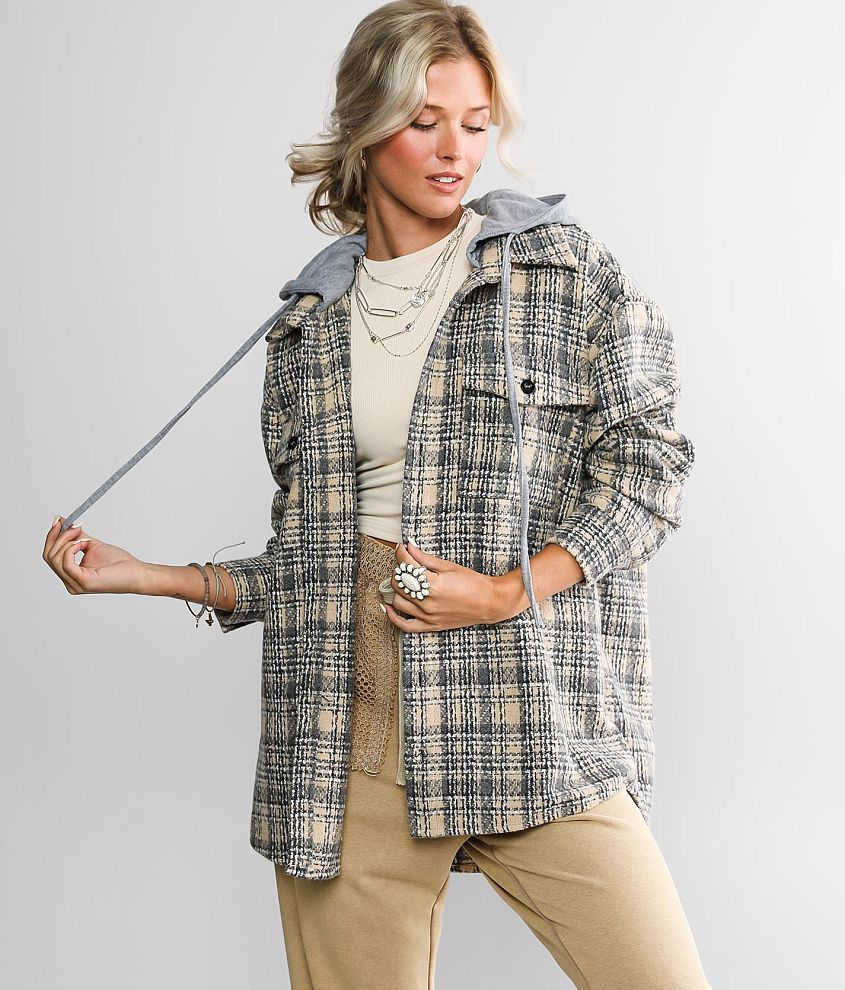 Hooded Plaid Tweed Shacket