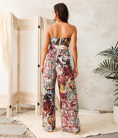 A. Peach Mixed Floral Print Wide Leg Jumpsuit back view