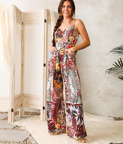 A. Peach Mixed Floral Print Wide Leg Jumpsuit misc detail 3 view