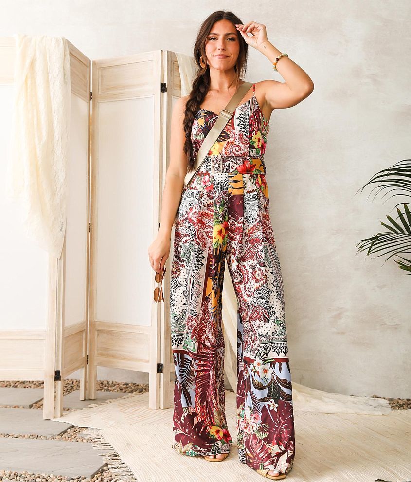 A. Peach Mixed Floral Print Wide Leg Jumpsuit - Women's Rompers