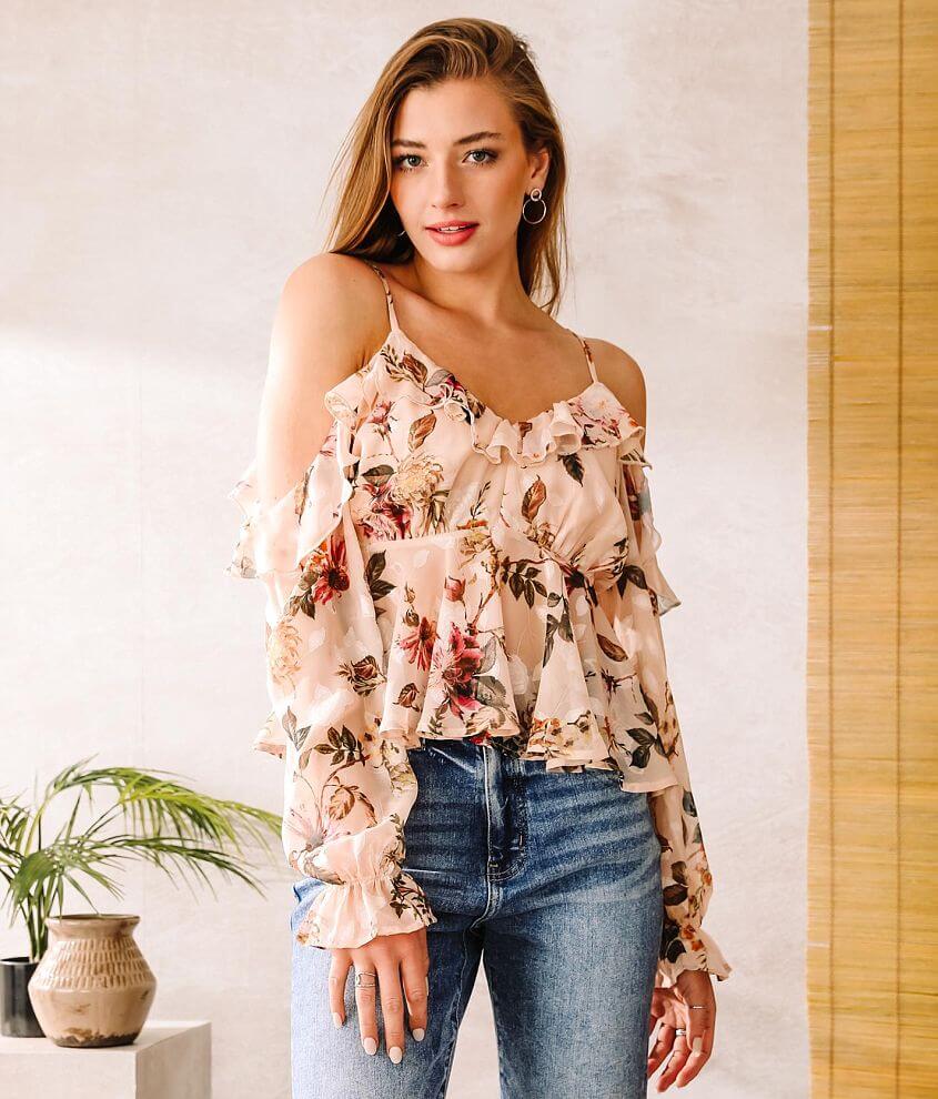 A. Peach Chiffon Cold Shoulder Ruffle Top Women s Shirts Blouses in Blush Multi Buckle