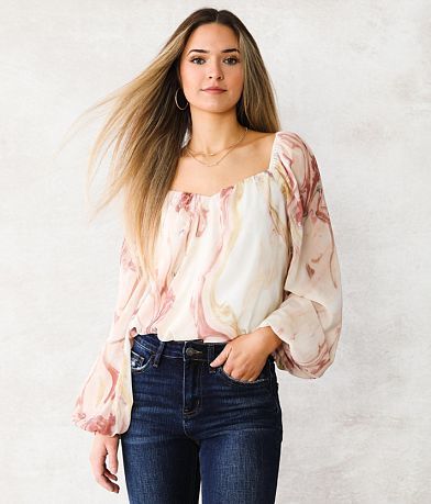 Willow & Root Floral Chiffon Top - Women's Shirts/Blouses in Blue Grey