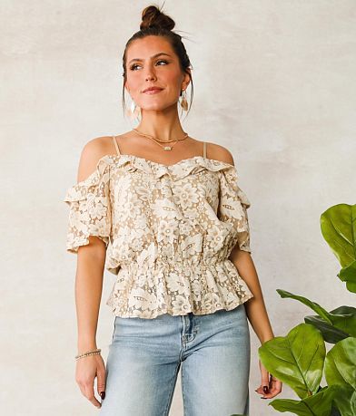 A. Peach Lace Cold Shoulder Top front view