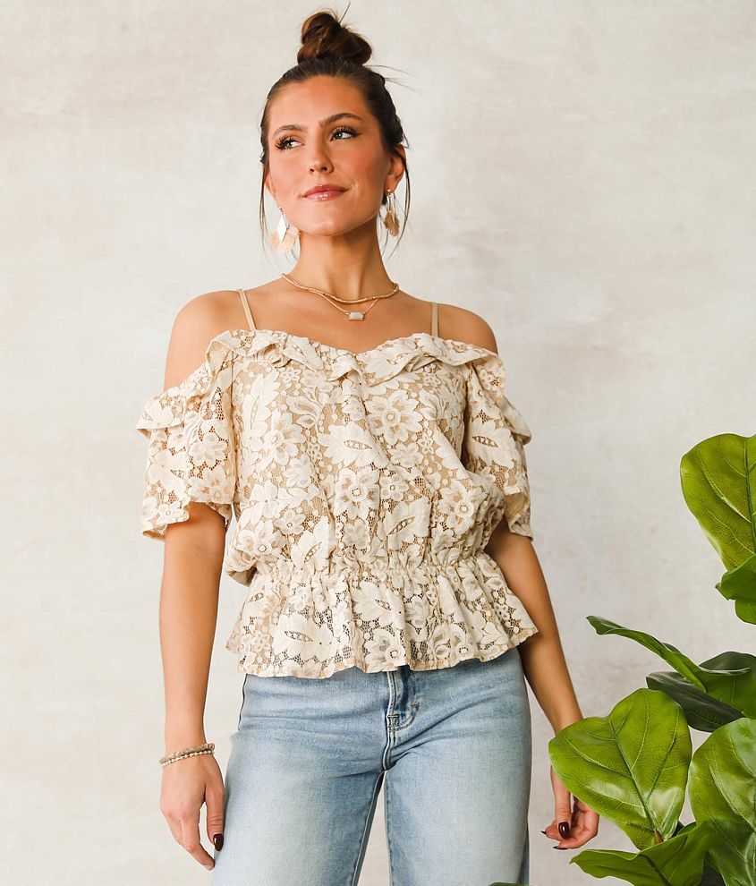 A. Peach Lace Cold Shoulder Top Women s Shirts Blouses in Taupe