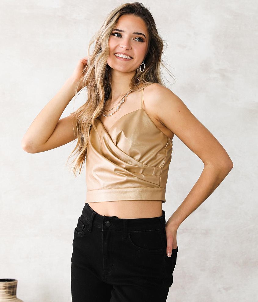 A. Peach Metallic Faux Leather Cropped Tank Top - Women's Tank Tops in Gold