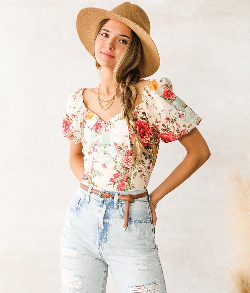 A. Peach Floral Chiffon Cropped Top - Women's Shirts/Blouses in Pink ...