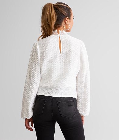 A. Peach Sheer Eyelash Lace Cropped Top back view