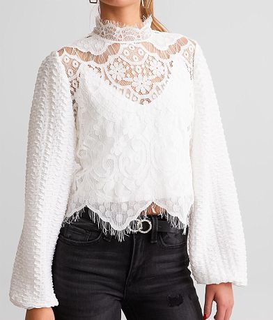 A. Peach Sheer Eyelash Lace Cropped Top misc detail 1 view