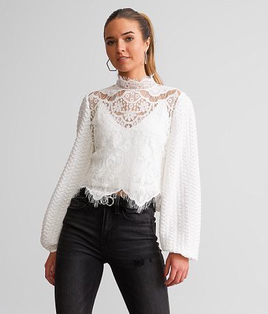 A. Peach Sheer Eyelash Lace Cropped Top front view