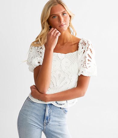 A. Peach Crochet Square Neck Top front view