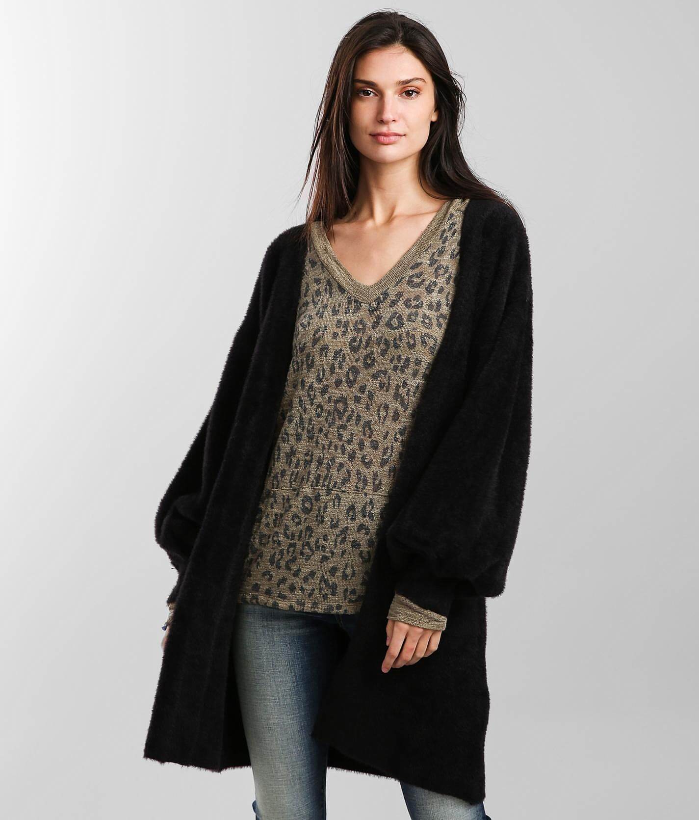black fuzzy cardigan sweater