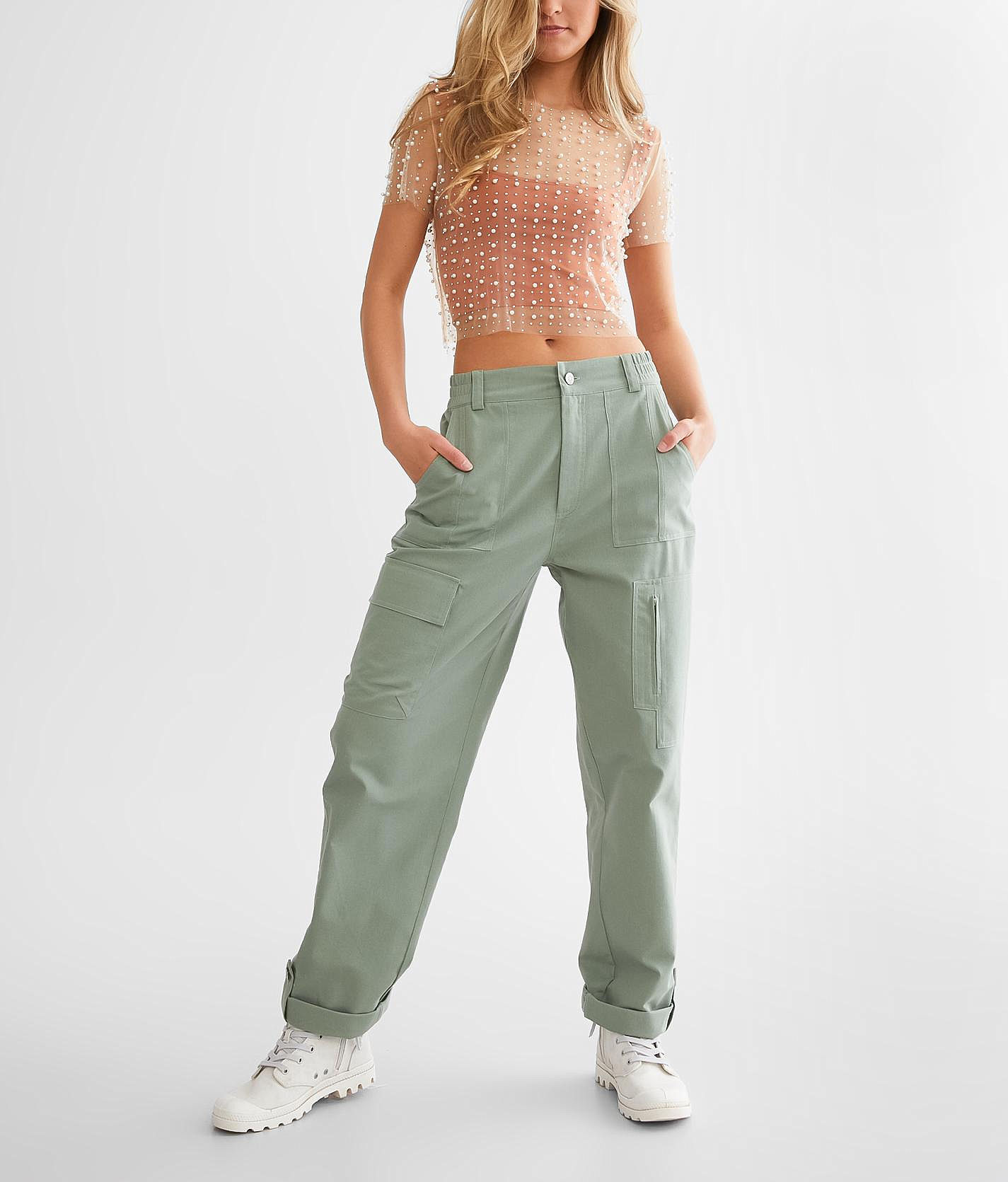 A. Peach Straight Leg Cargo Stretch Pant - Women's Pants in Sage Green
