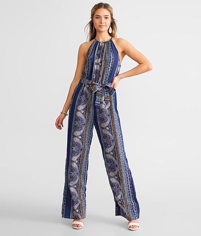Buckle Black Paisley High Neck Jumpsuit front view