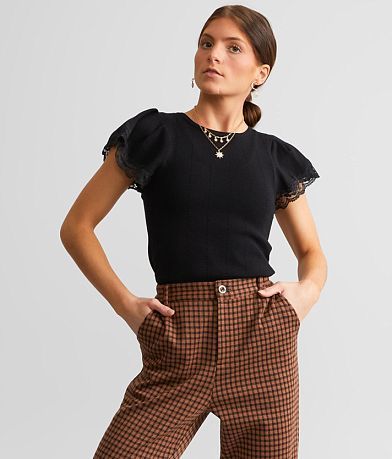 A. Peach Lace Trim Top front view