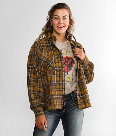 A. Peach Plaid Fleece Shacket front view