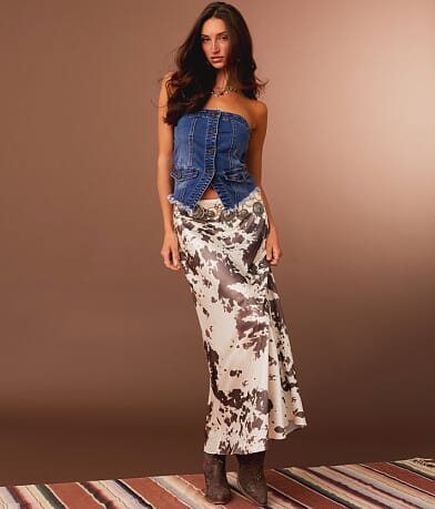 Sterling & Stitch Satin Cow Print Maxi Skirt front view