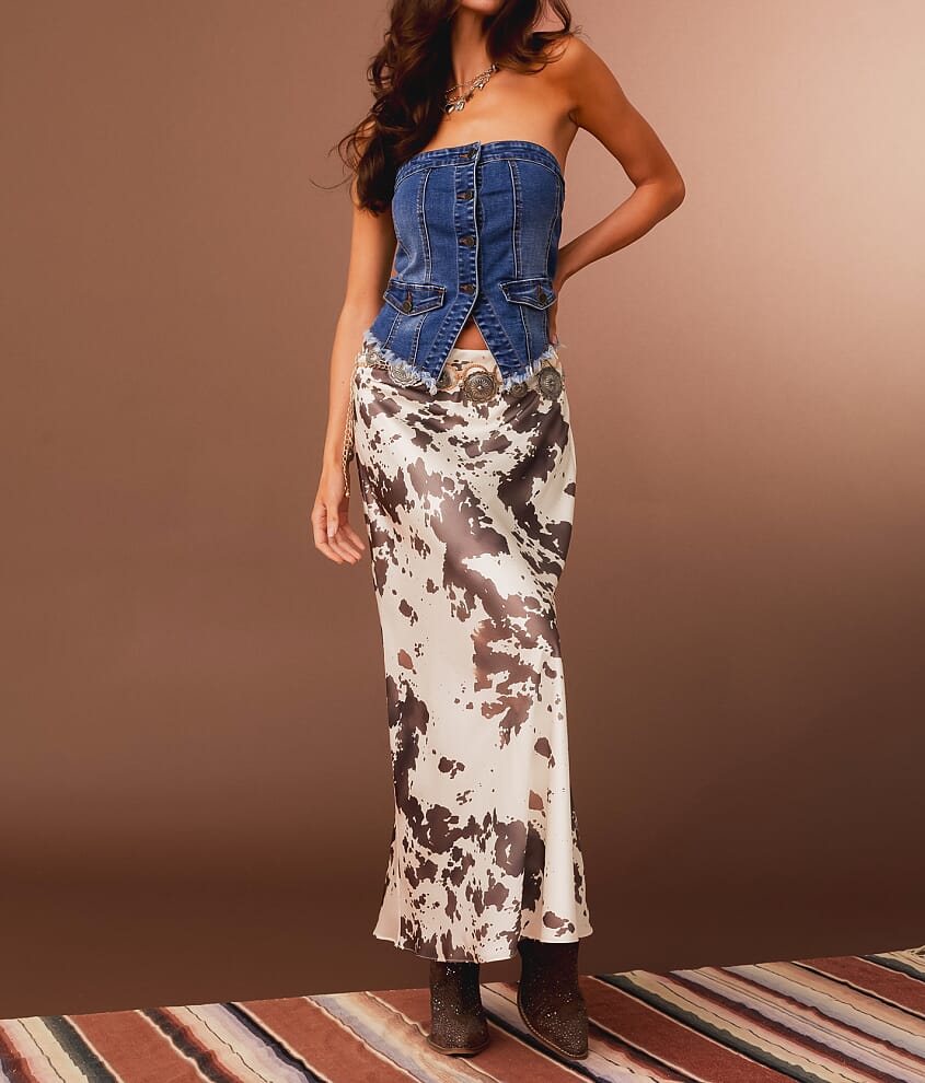 Satin Cow Print Maxi Skirt