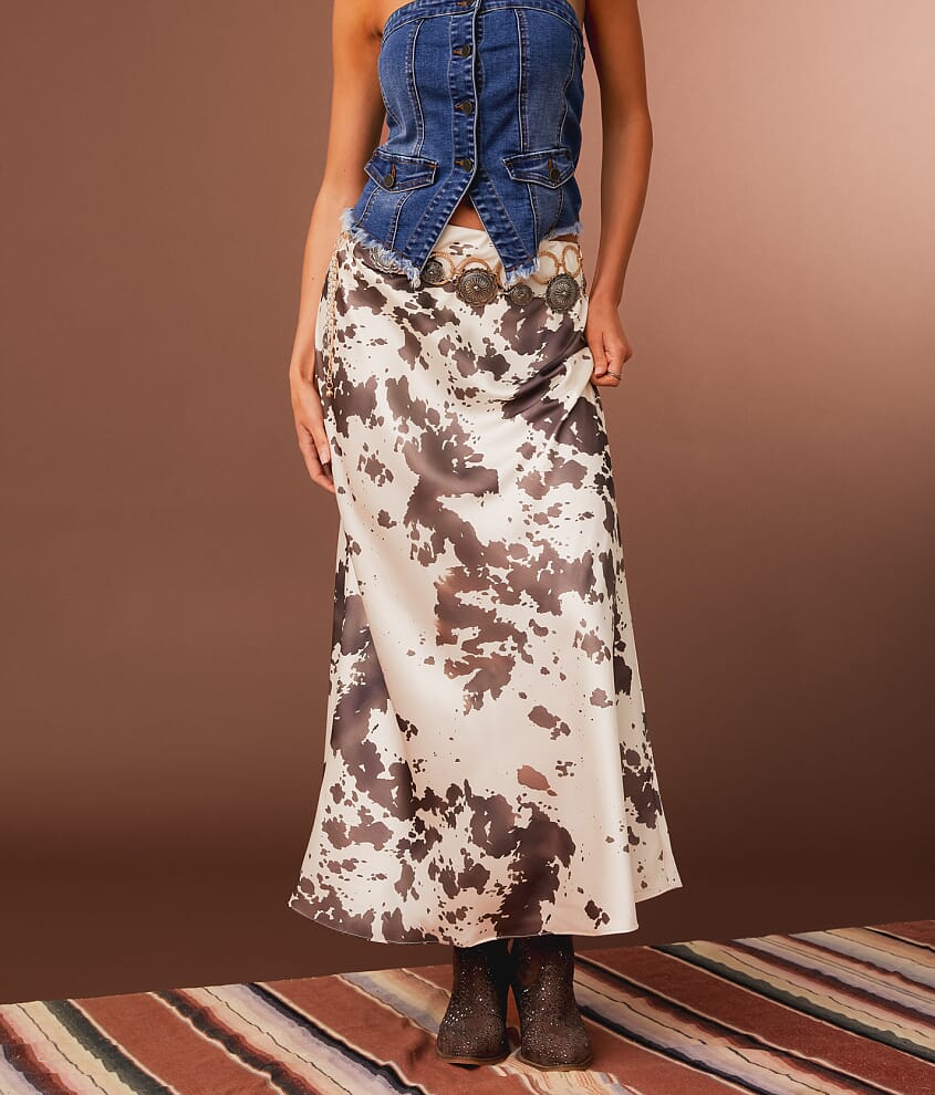 Satin Cow Print Maxi Skirt