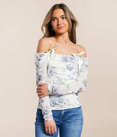 Willow & Root Floral Mesh Ruched Top front view