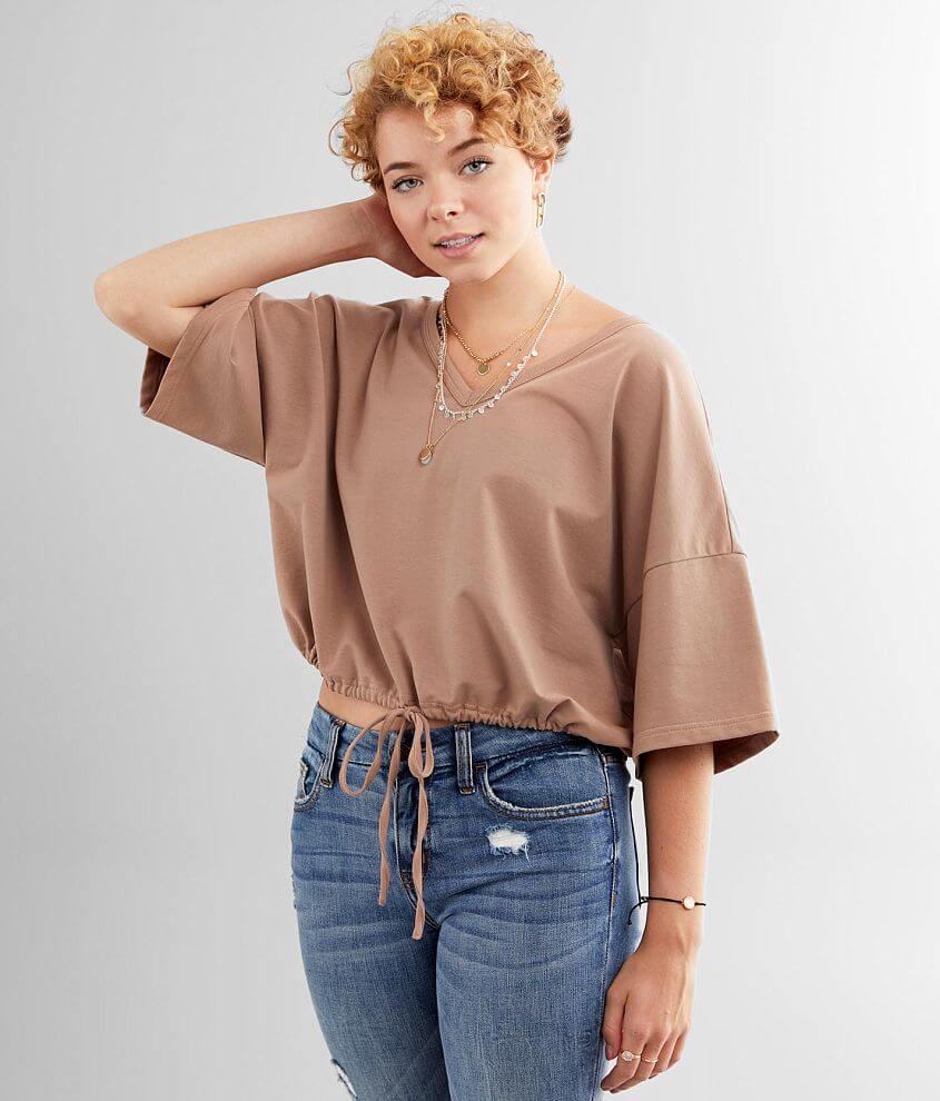 Acoa Double V-Neck Cropped Top - Women's Shirts/Blouses in Mocha