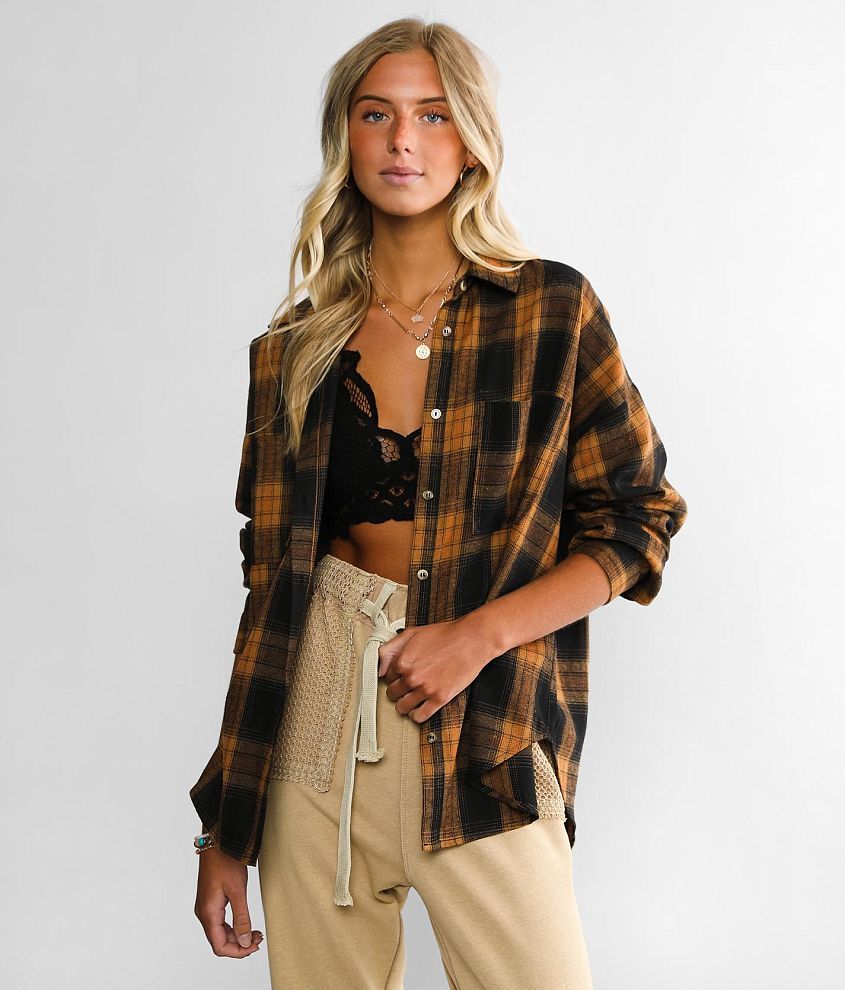 Brown Oversized Flannel Shirt, Tops