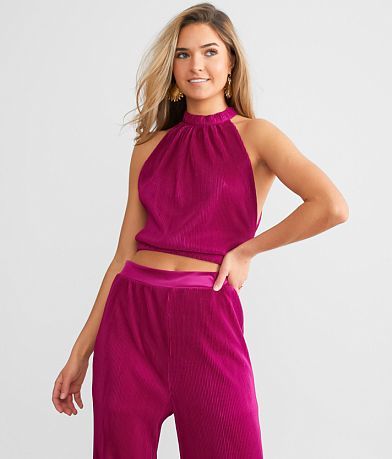 red by BKE Pleated Halter Tank Top front view