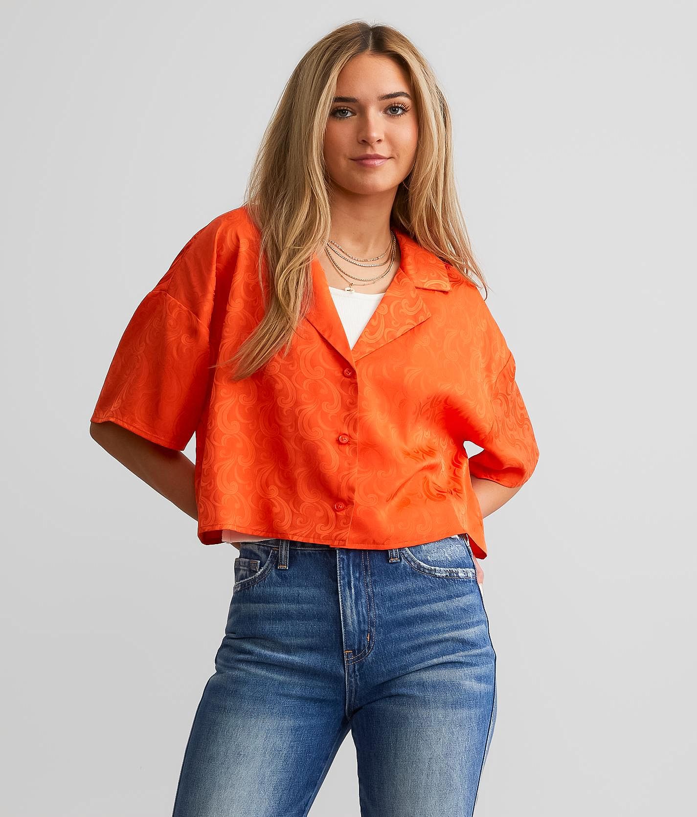 Jacquard Tie Waist Button Front Blouse Orange