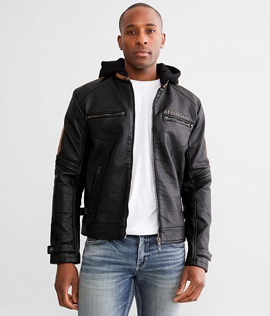 Buckle Black Seam Spray Faux Leather Jacket - Men's Coats/Jackets in Black