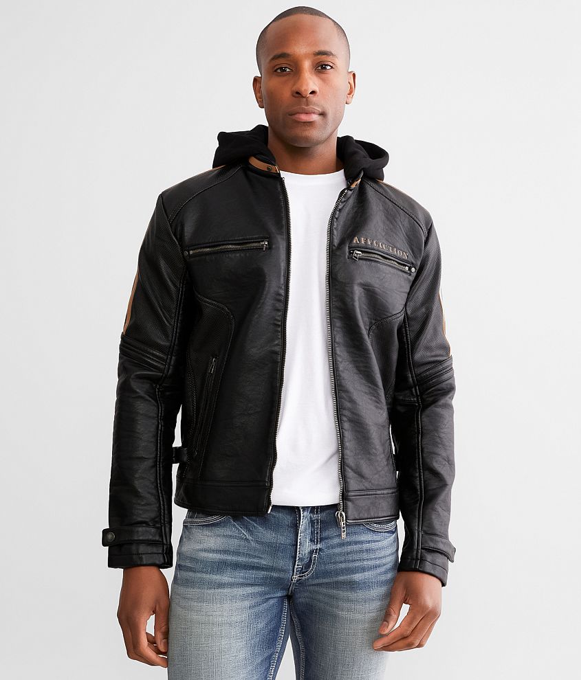 Black leather store hooded jacket men's