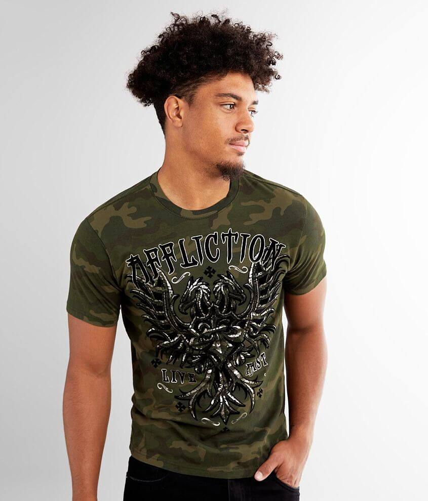 øve sig Ledsager Feasibility Affliction Fireclaw Camo T-Shirt - Men's T-Shirts in Military Green Camo |  Buckle