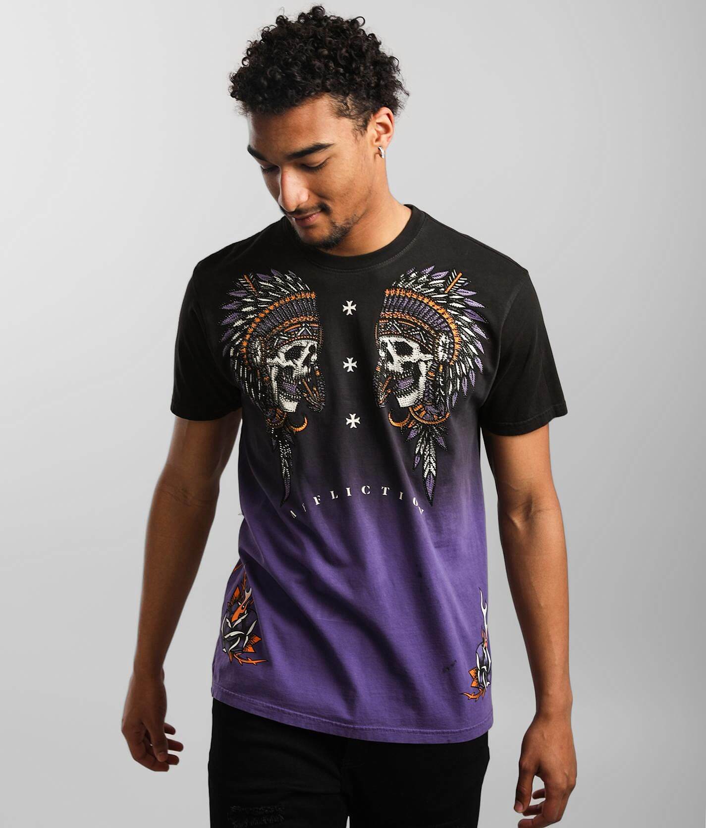 thumbnail interactive-video image 1 of Rebel Saints By Affliction Men's Sacrifice T-Shirt – Premium Streetwear With Rhinestone Accents 1 of 4