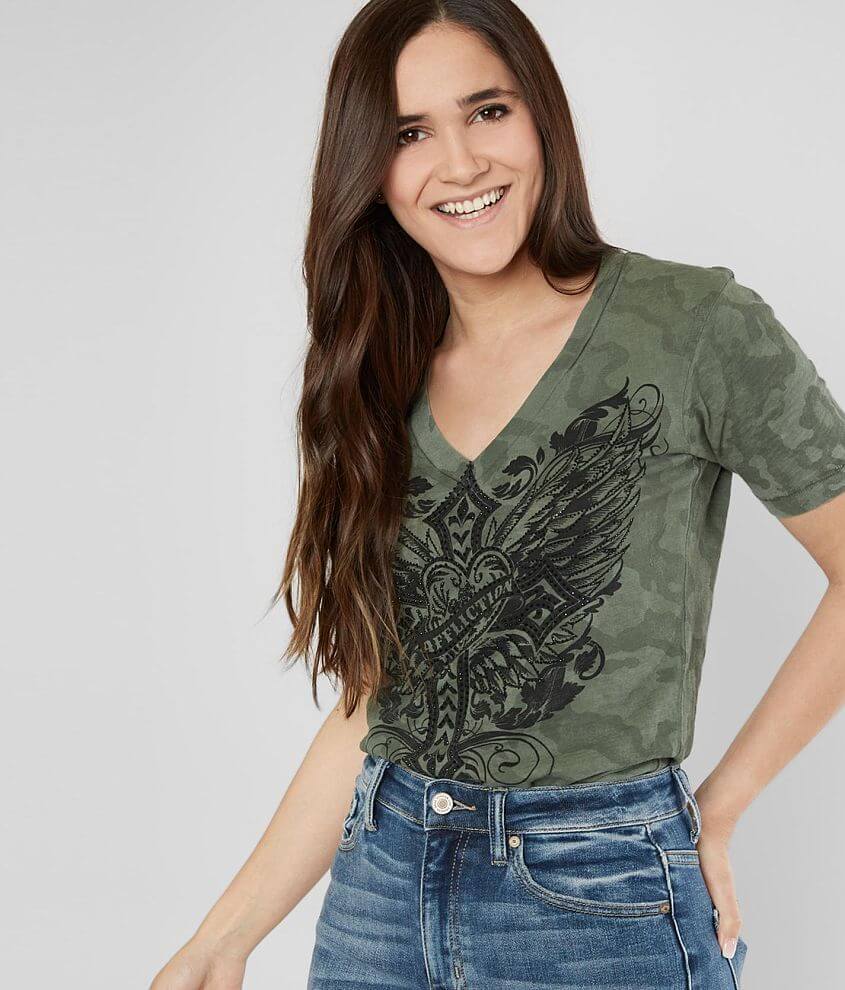 Affliction Elizabeth V-Neck Camo T-Shirt front view