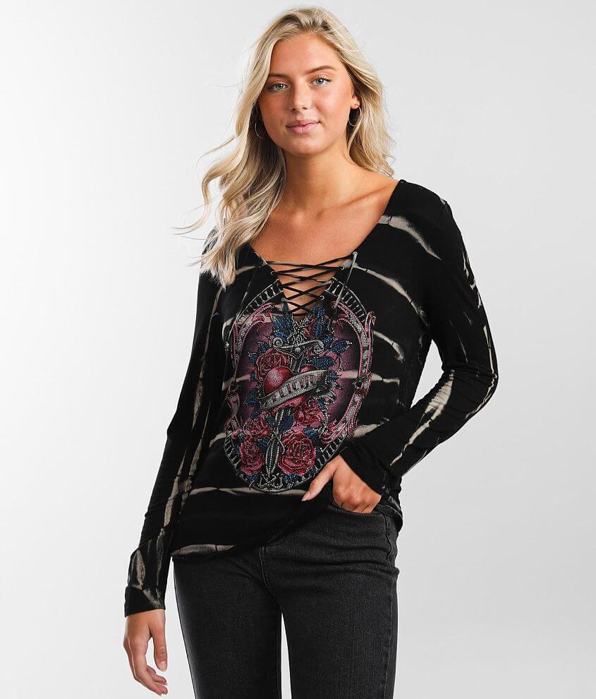 Affliction Juliets Roses T-Shirt - Women's T-Shirts in Black Blind Wash ...