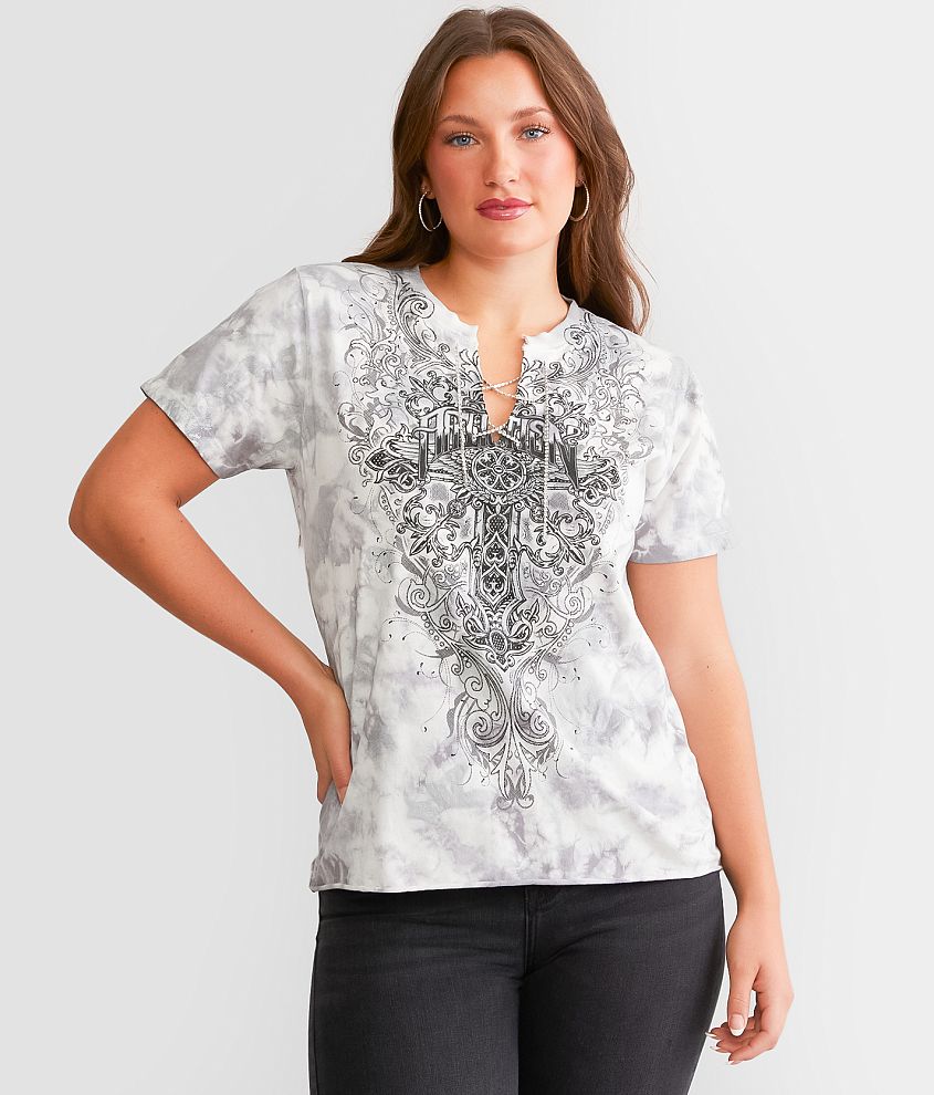 Affliction Newport Road Lace-Up Rhinestone T-Shirt front view