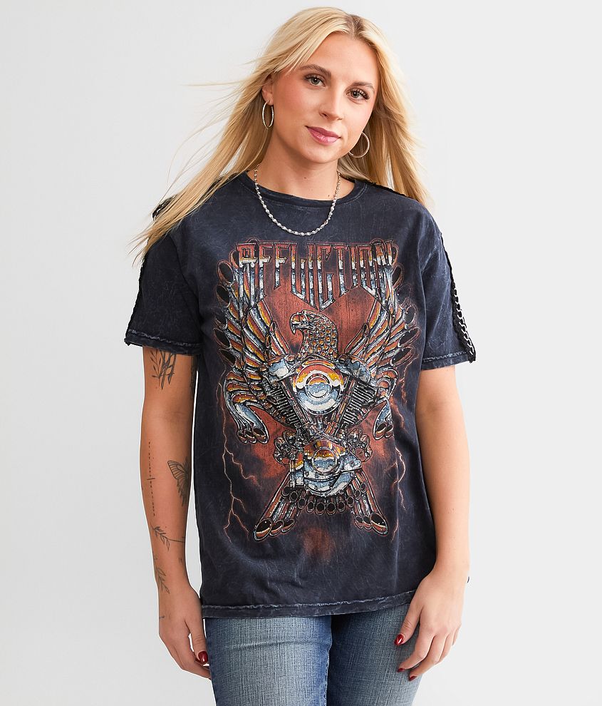 Affliction Iron Eagle T Shirt Women s T Shirts in Black Lava Wash Buckle