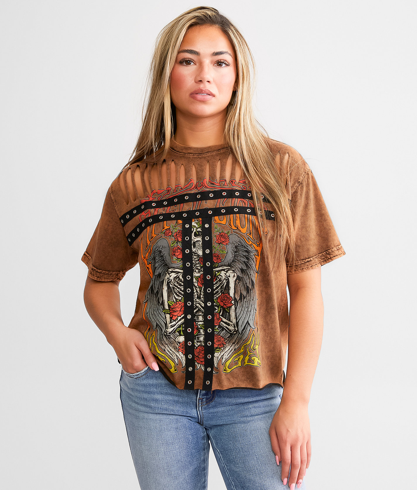 Maglietta Donna Rebel Saint By Affliction Soaring Angel - Grigia, Cotone, Maniche Corte