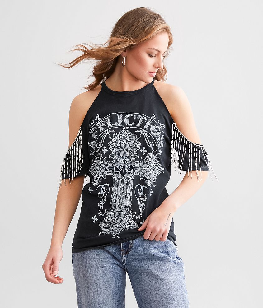 Affliction Versailles Rhinestone Fringe T-Shirt front view