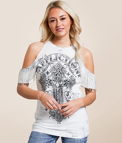 Affliction Versailles Rhinestone Fringe T-Shirt front view