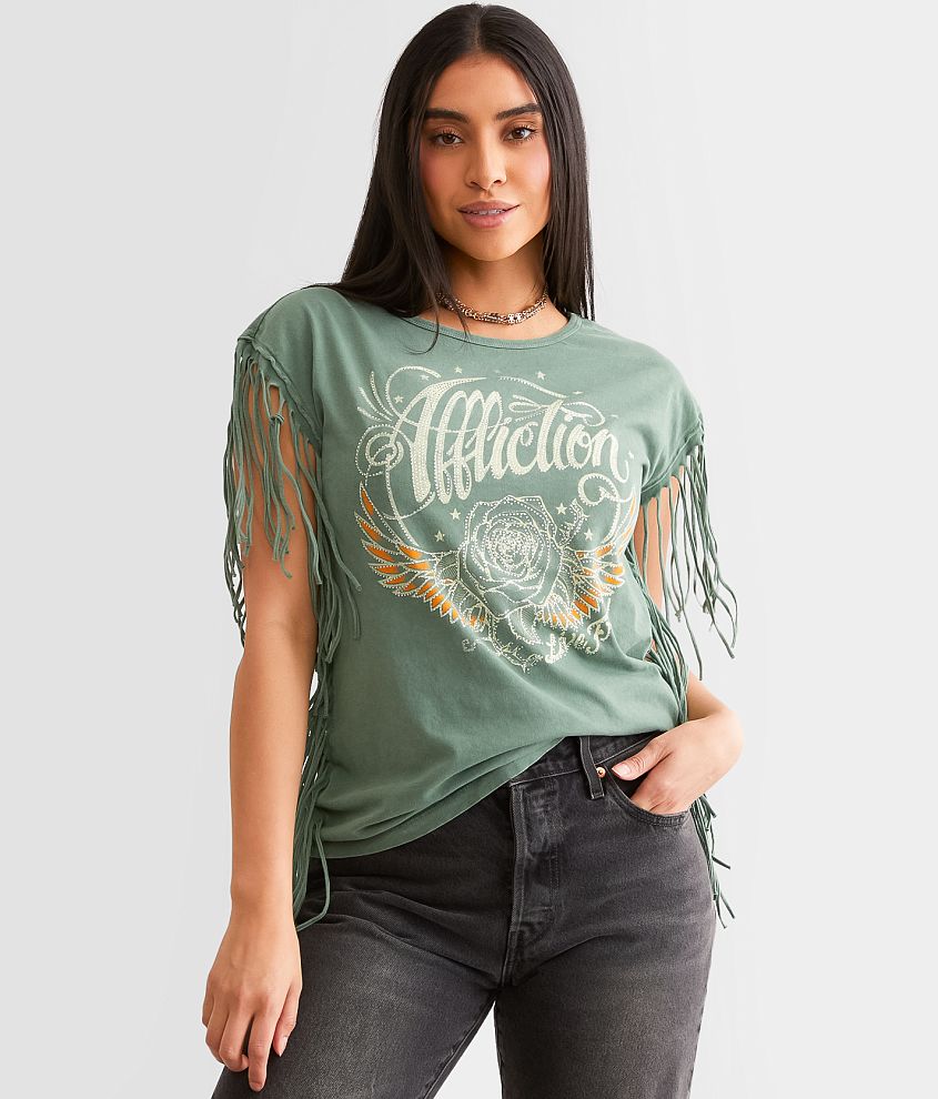 Affliction American Customs Rose Wings Fringe T-Shirt