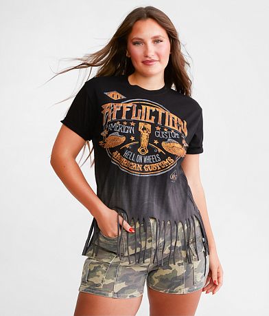 Affliction American Customs Grease Stain Fringe T-Shirt front view