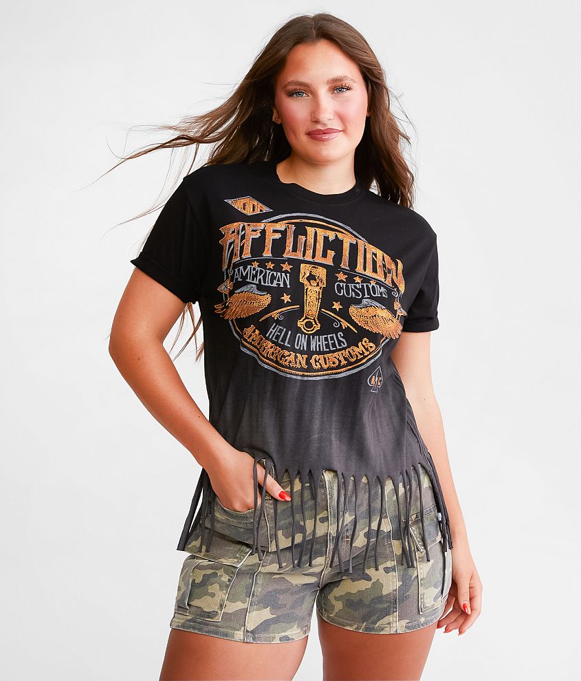 Affliction American Customs Grease Stain Fringe T-Shirt