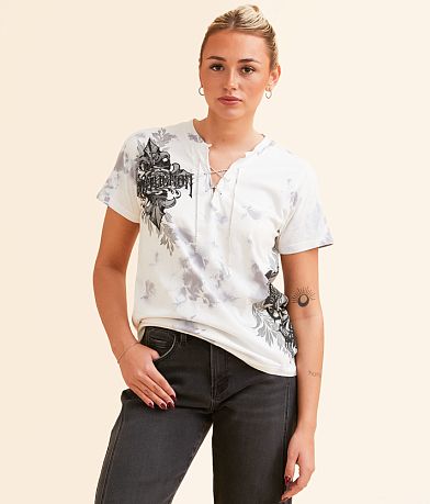 Affliction Seductive Rhinestone Lace-Up T-Shirt front view