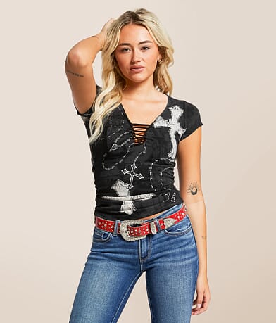 Affliction Rosary Of Life Studded T-Shirt front view